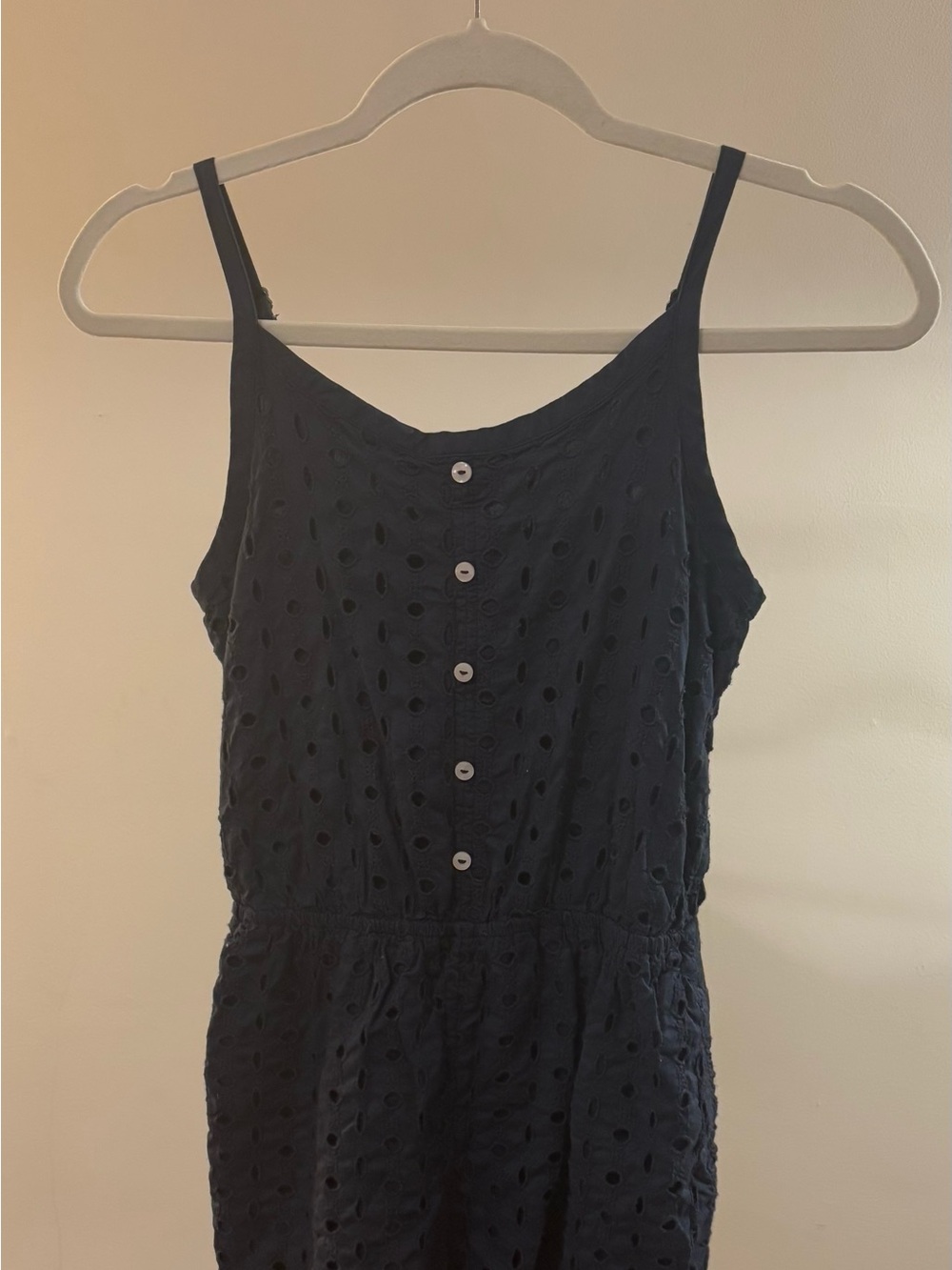 Sleeveless Eyelet Button-Front kids romper in Navy